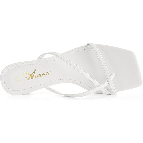 Athlefit Women's White Polyurethane Square Open Toe Kitten Heels Thong Sandals - Picture 3 of 6